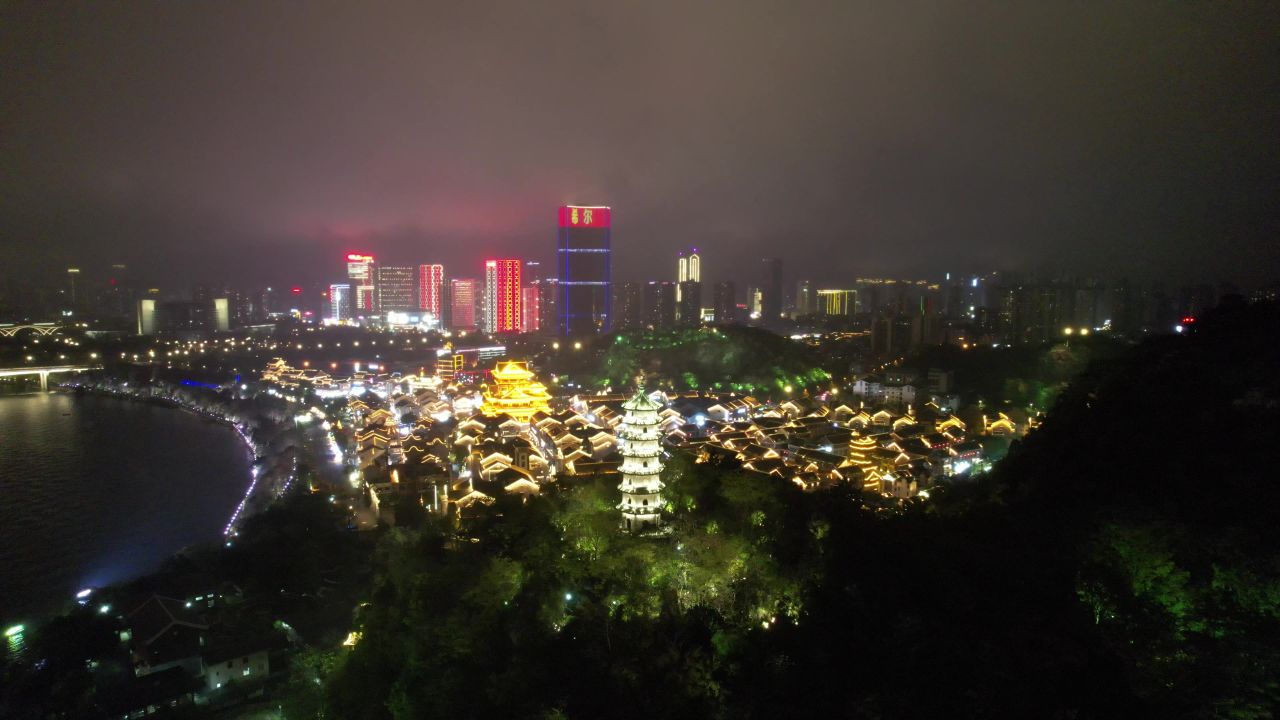 广西柳州窑埠古镇夜景灯光航拍