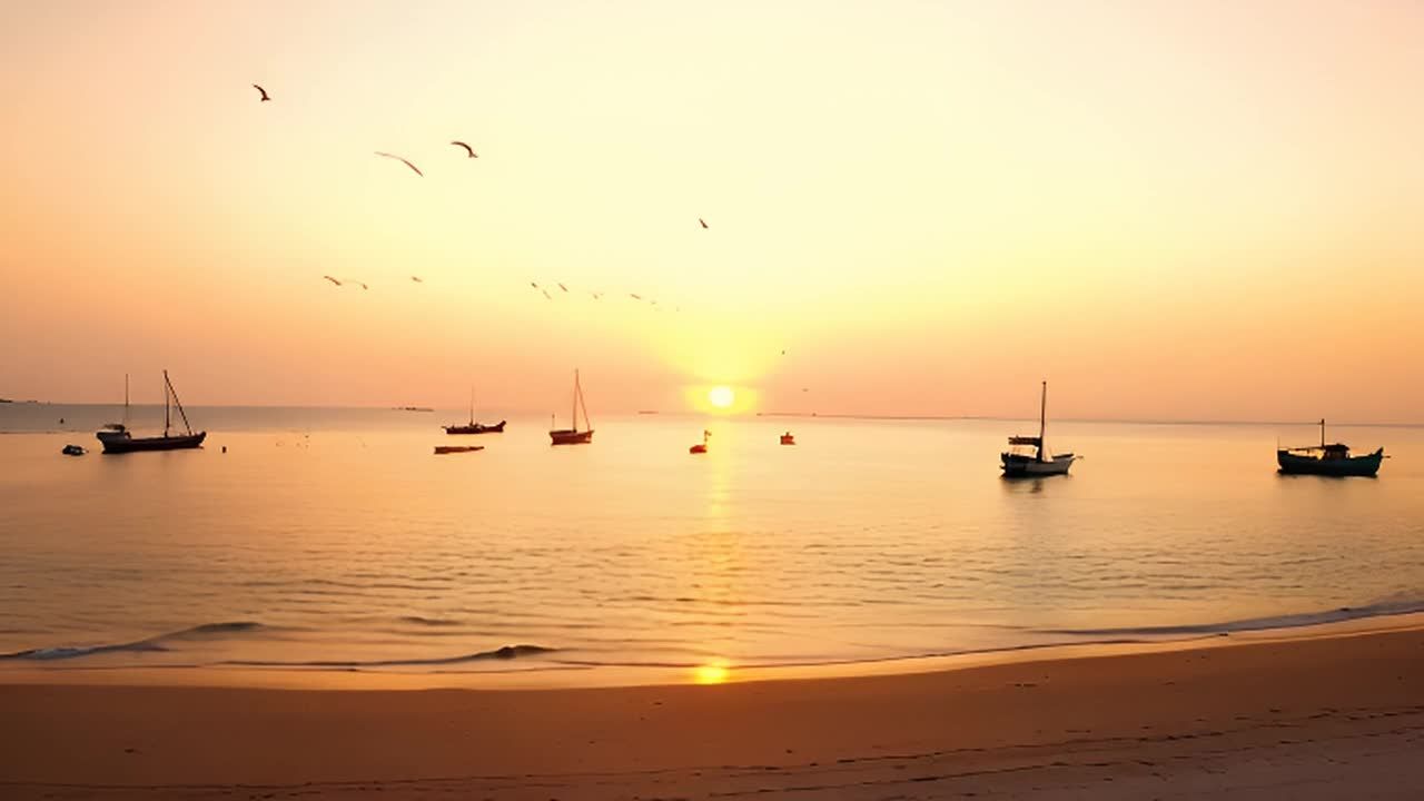 海滩上，太阳正在落山，海面上停着几艘渔船，一些鸟在
