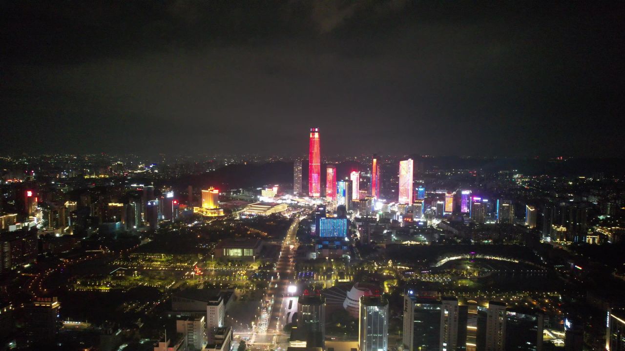 广东东莞鸿福路CBD城市夜景灯光航拍 