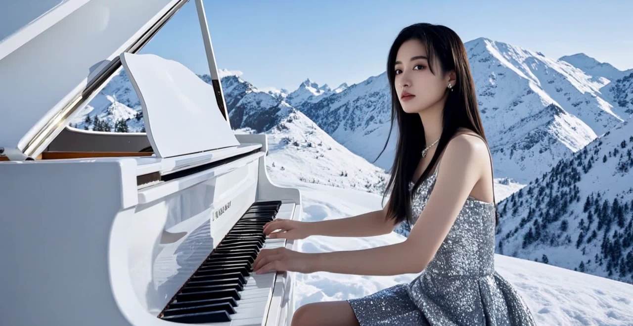 雪山下的钢琴师：弹奏者与壮丽雪山融为一体