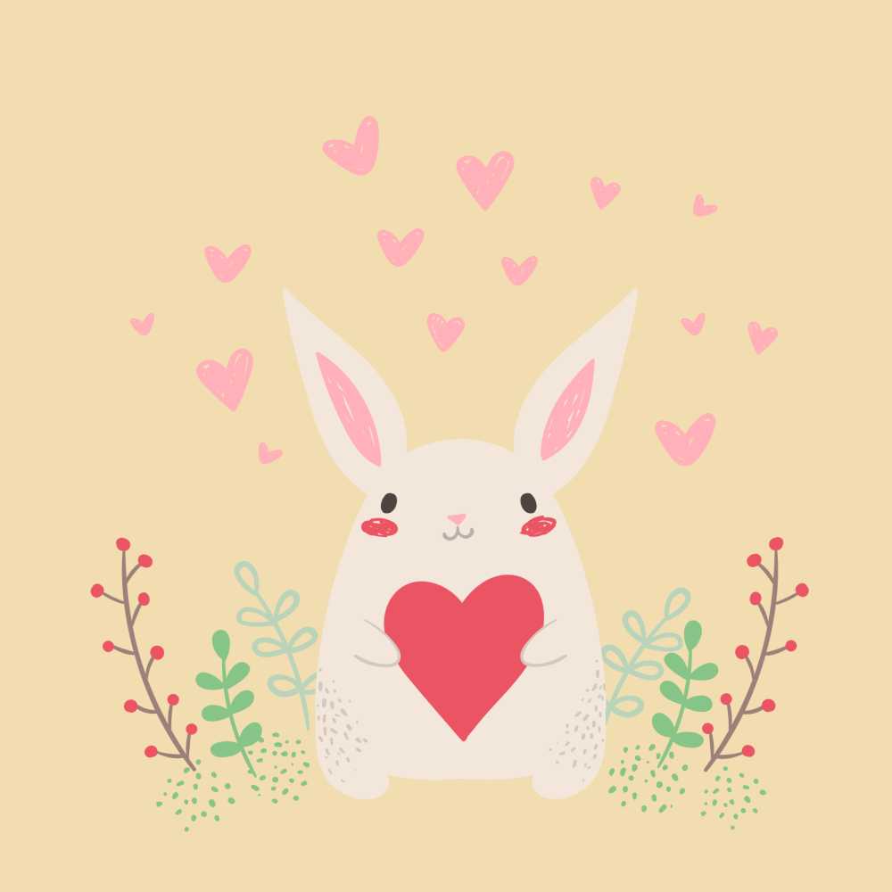 兔心可爱情人节明信片卡通人物美丽白动物手绘图片草枝杈纹理