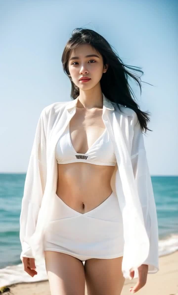 海滩上穿着白色比基尼的年轻女性