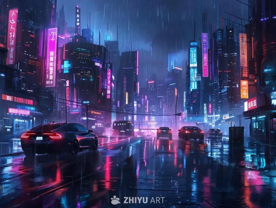 夜间，雨中的未来主义赛博朋克城市景观，霓虹灯在湿漉