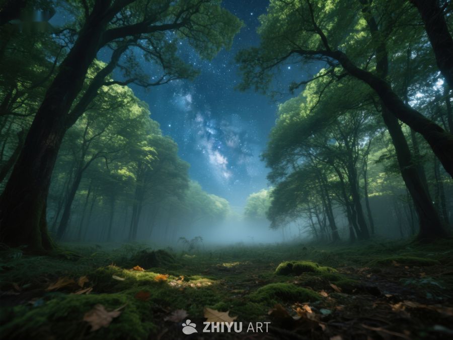 夜幕森林，星光与雾气交织 464