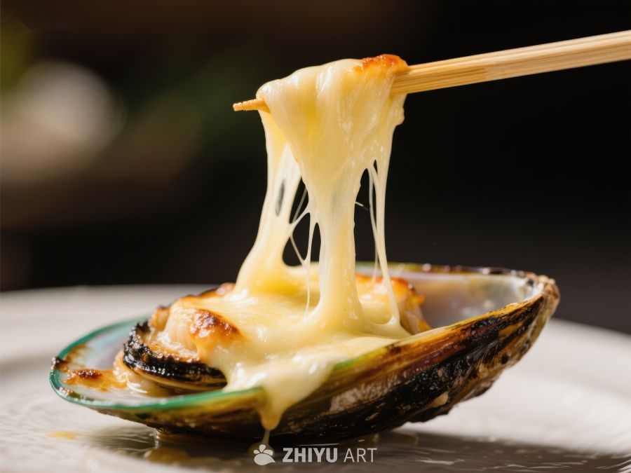 芝士焗贝壳，筷子拉丝特写