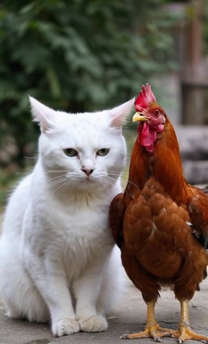 猫咪与公鸡的合影