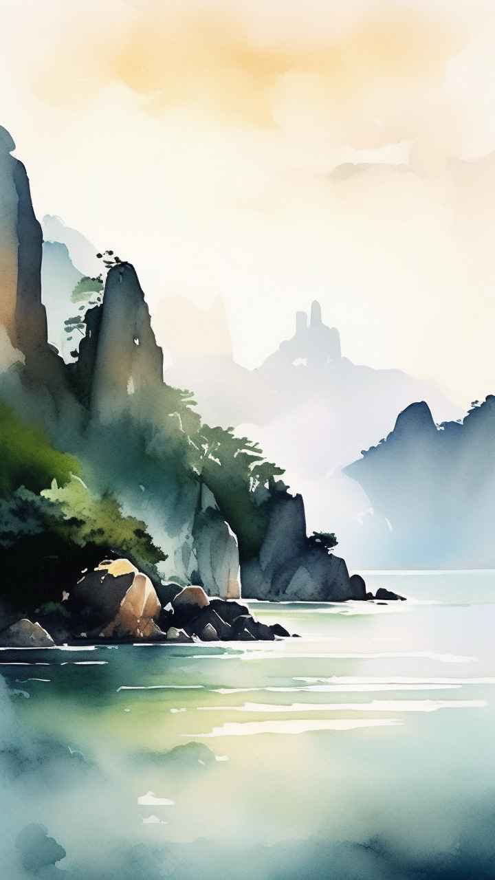 雾气缭绕大海山水画简约风格 31