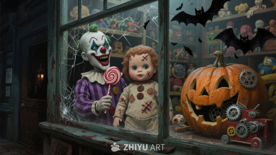 万圣节橱窗：小丑与娃娃的诡异场景