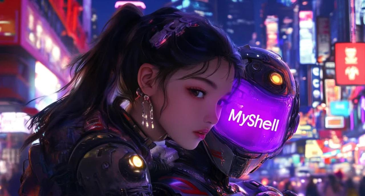 未来城市霓虹夜：女子与Myshell机器人