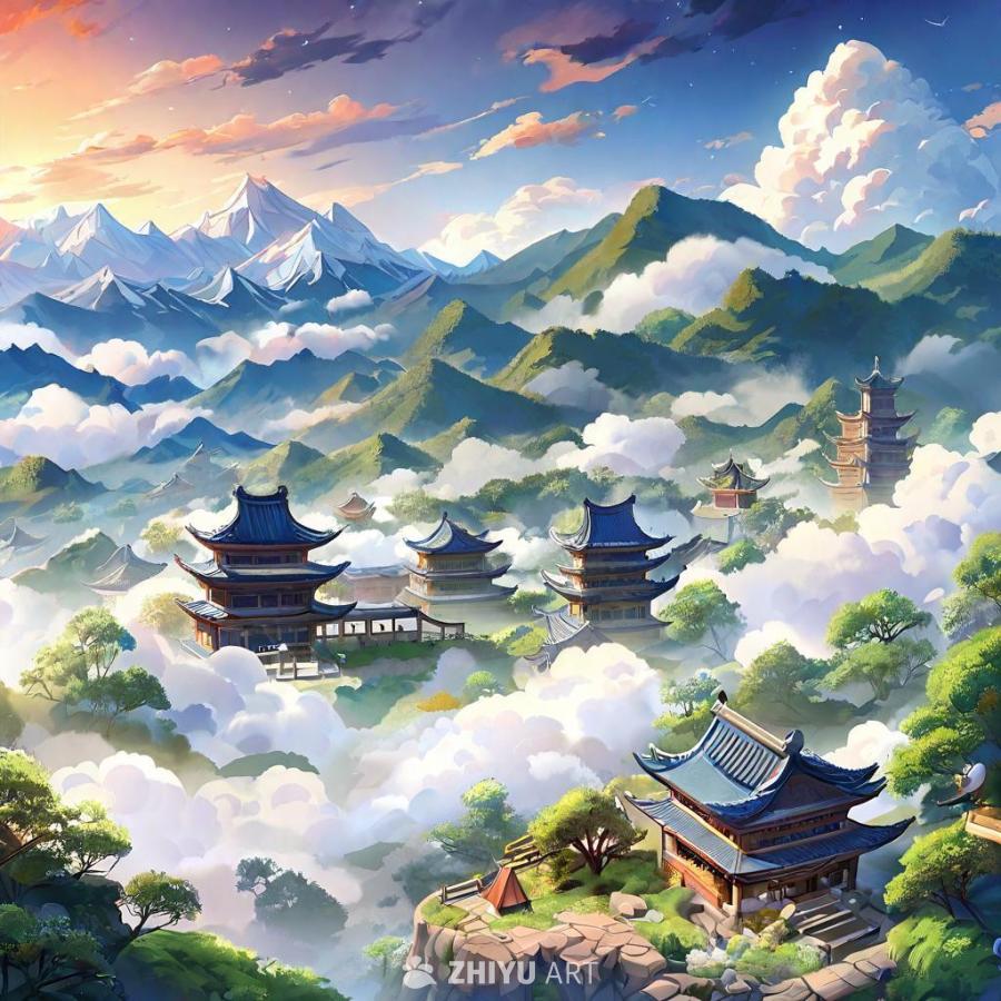 高山连绵起伏，山间云雾缭绕。山腰处分布着一些传统风