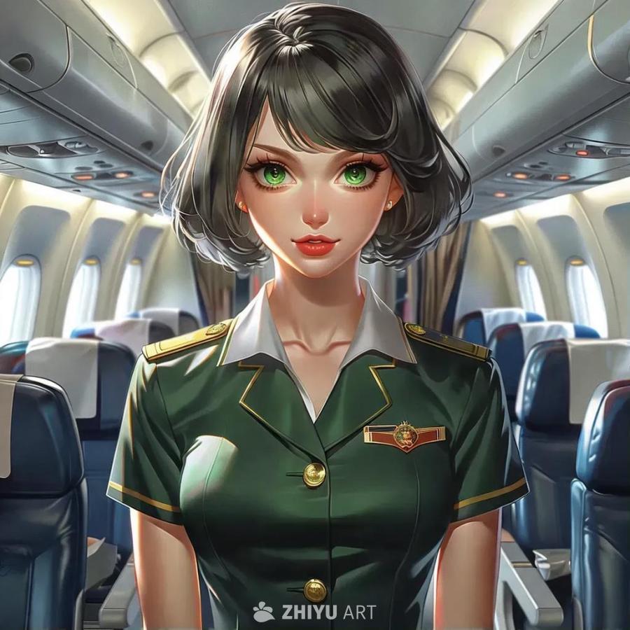 一位穿着绿色制服，留着中发的女性，拥有绿色的眼睛，