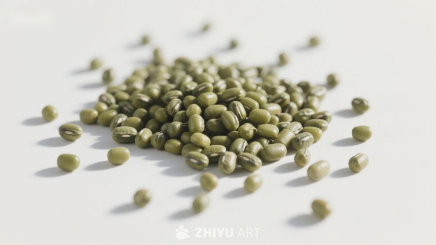 绿色豆粒散落于白色背景