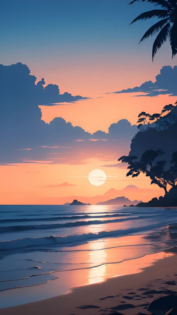 海边沙滩在日落时分呈现出橙色和蓝色，海浪拍打着海岸