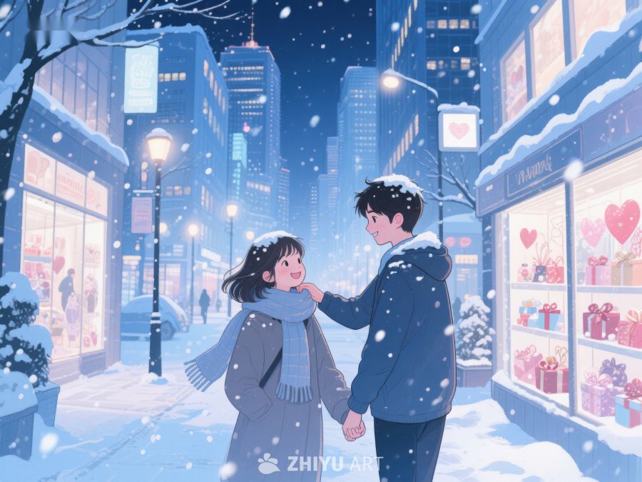 雪夜街头的温馨相遇 977