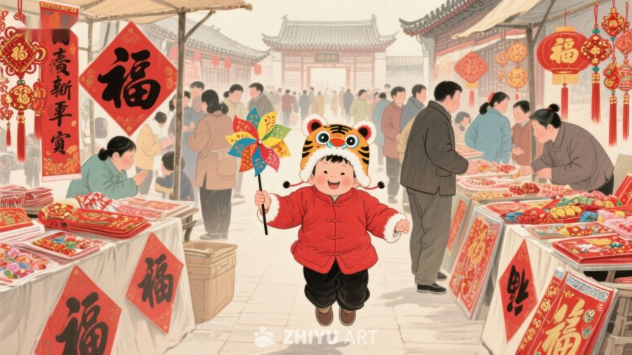 新春市场热闹非凡，孩童手持风车欢笑 134