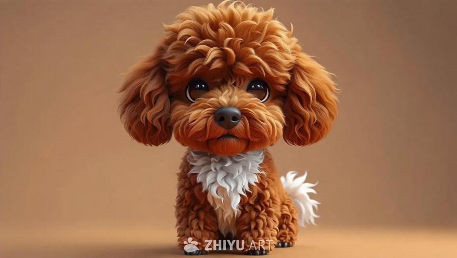 一只3D奇比风格的小红贵宾犬，整体毛色呈浅咖啡色。