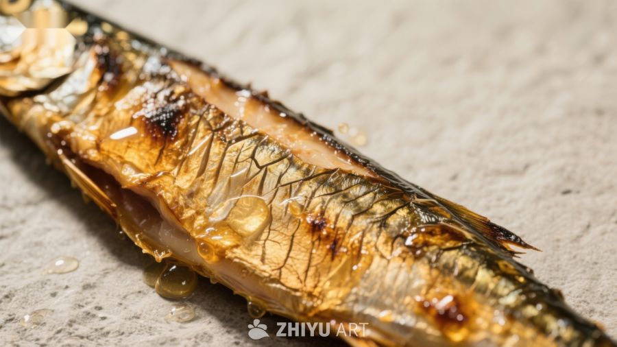 烤鱼特写，金黄焦香