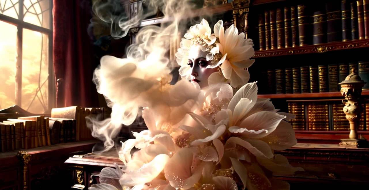花瓣环绕下的女性与古籍书房的梦幻景象