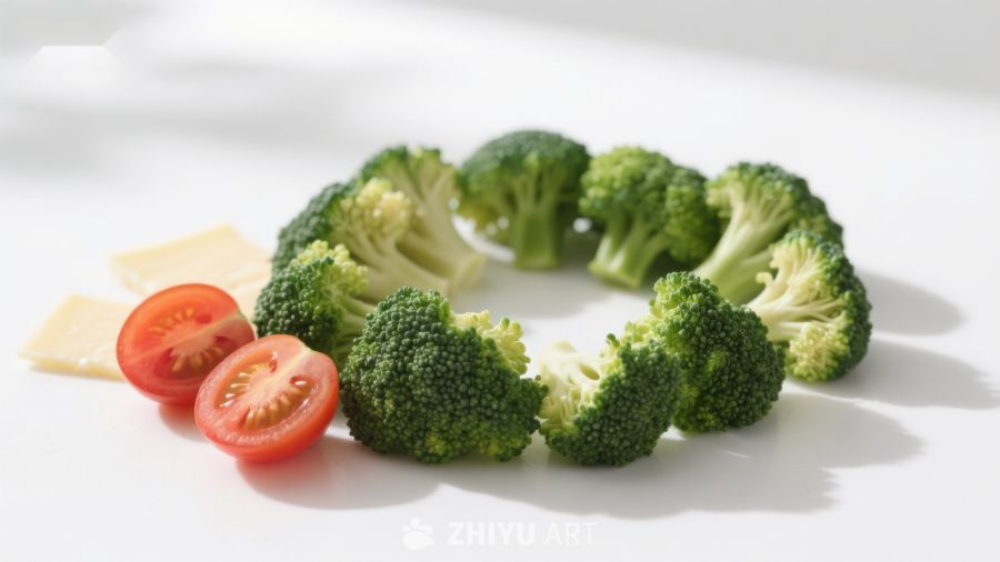 西兰花与番茄切片摆盘