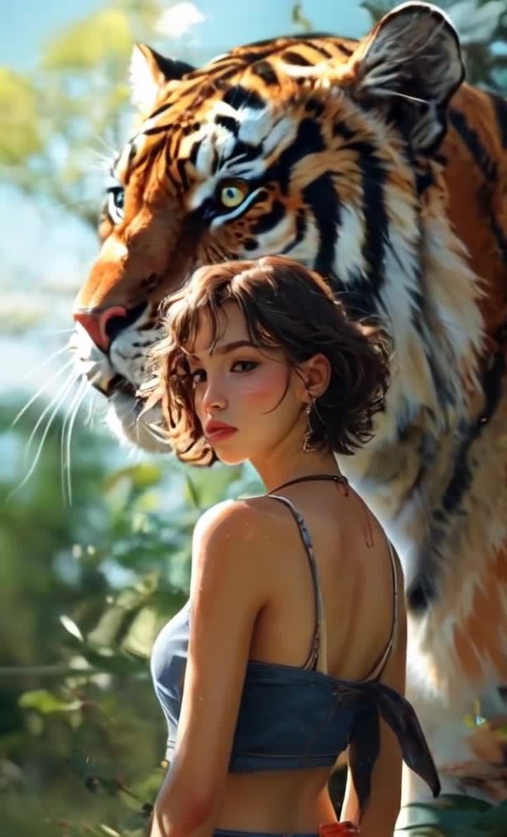 一个棕色头发的女子回头看着镜头，她的身后是一只老虎