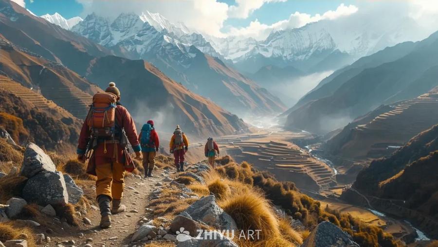 四个穿着登山服、背着背包的人走在山间的蜿蜒小路上，