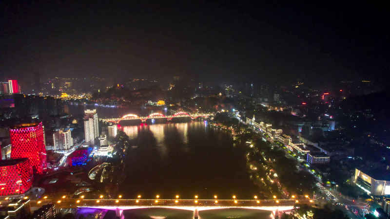航拍广西柳州柳江夜景风光  