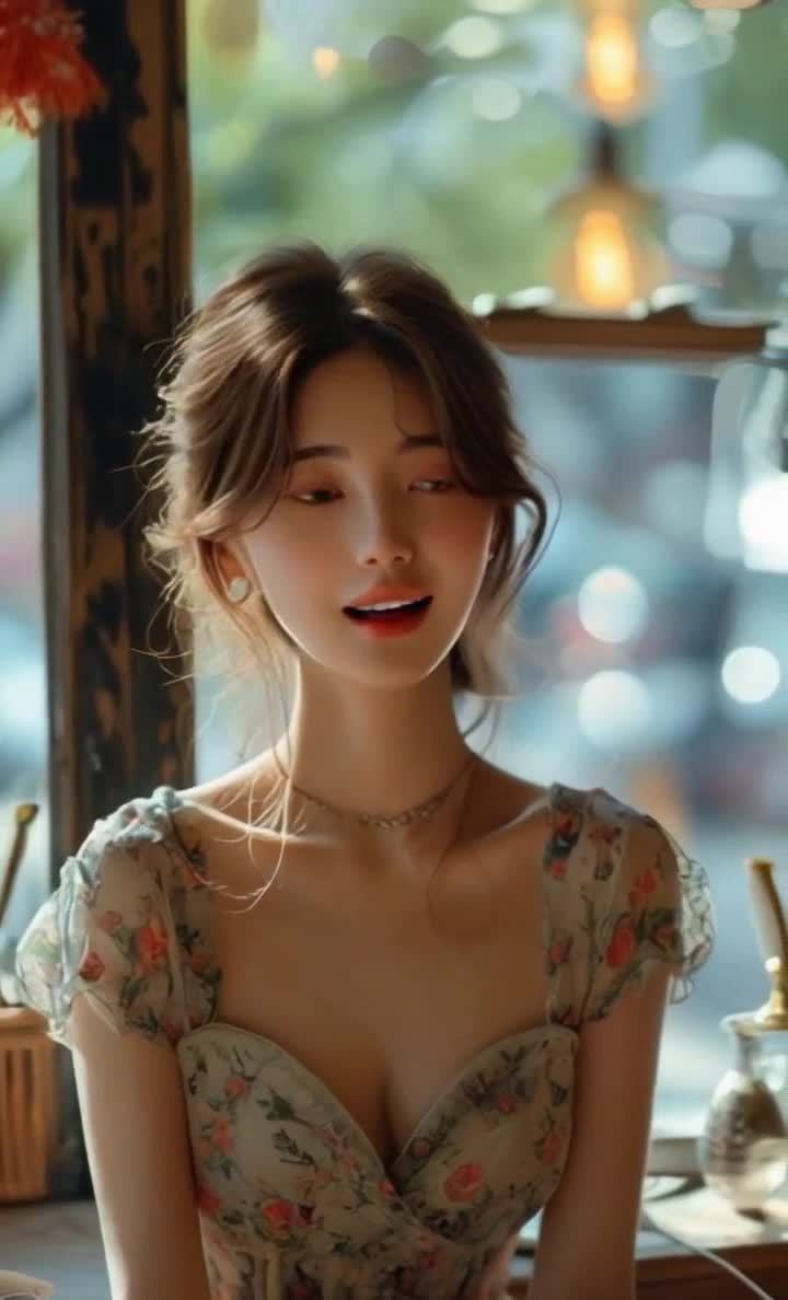 窗边的棕发女性半身像，着花卉连衣裙。