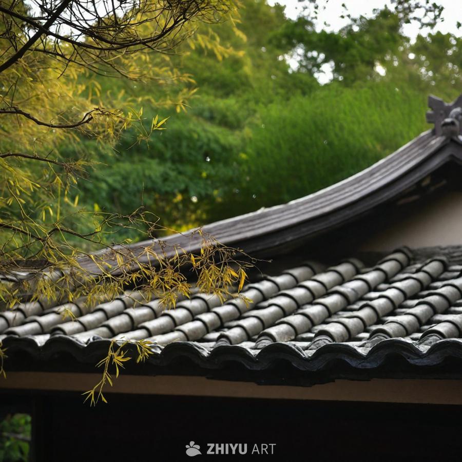 一个传统的中国花园，屋顶独特，瓦片与树枝相结合。屋