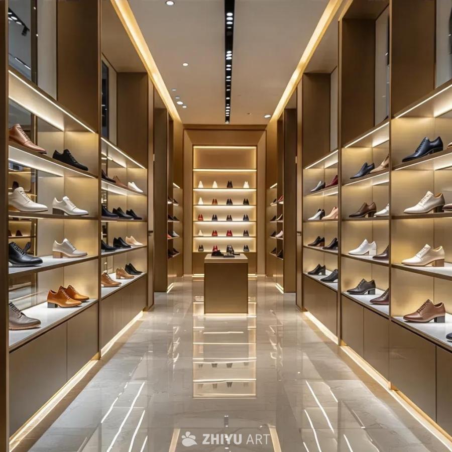 这是一个时尚且现代的鞋子展厅，陈列着一系列设计精巧