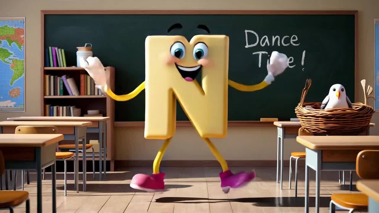 卡通化的拟人化大写字母“N”在教室里跳舞，它的胳膊