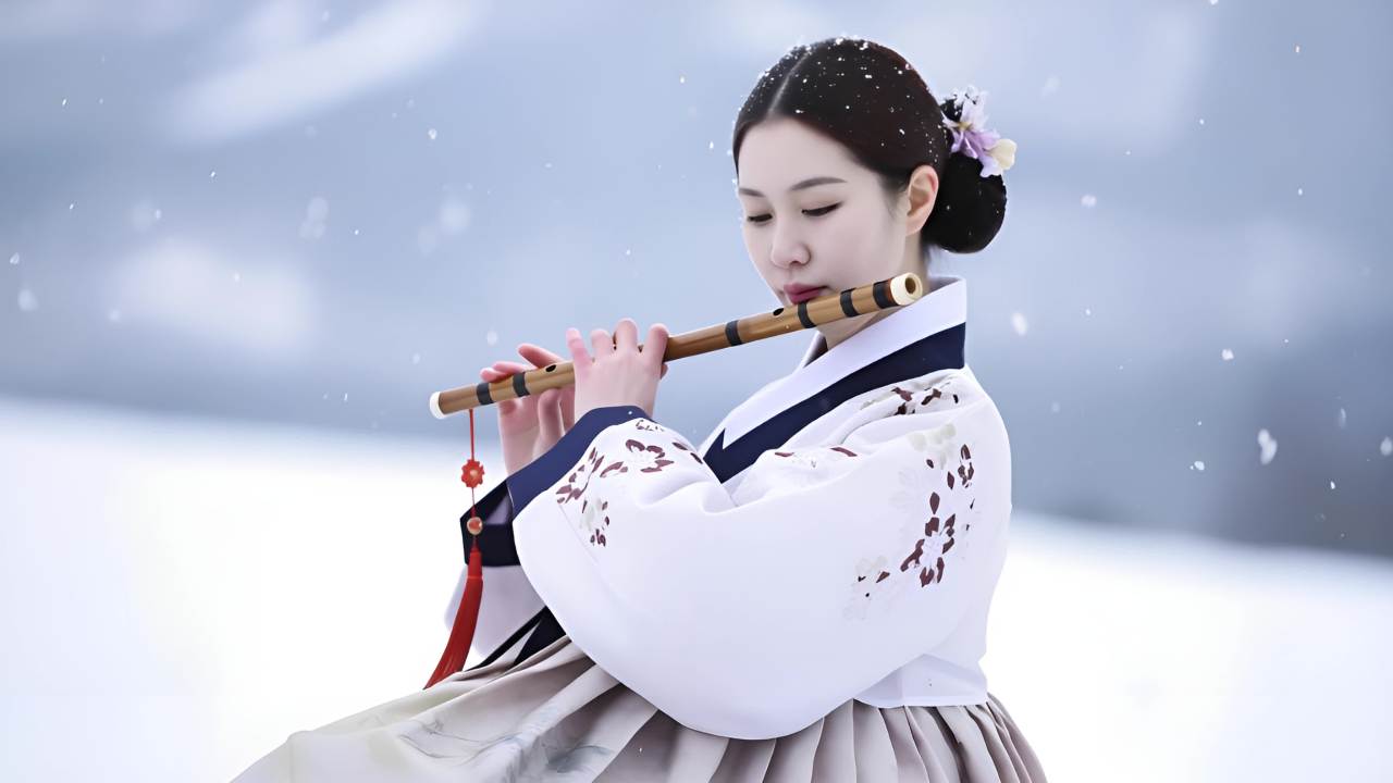 一名身穿传统韩服的女子手持竹笛，似在吹奏。她的头发