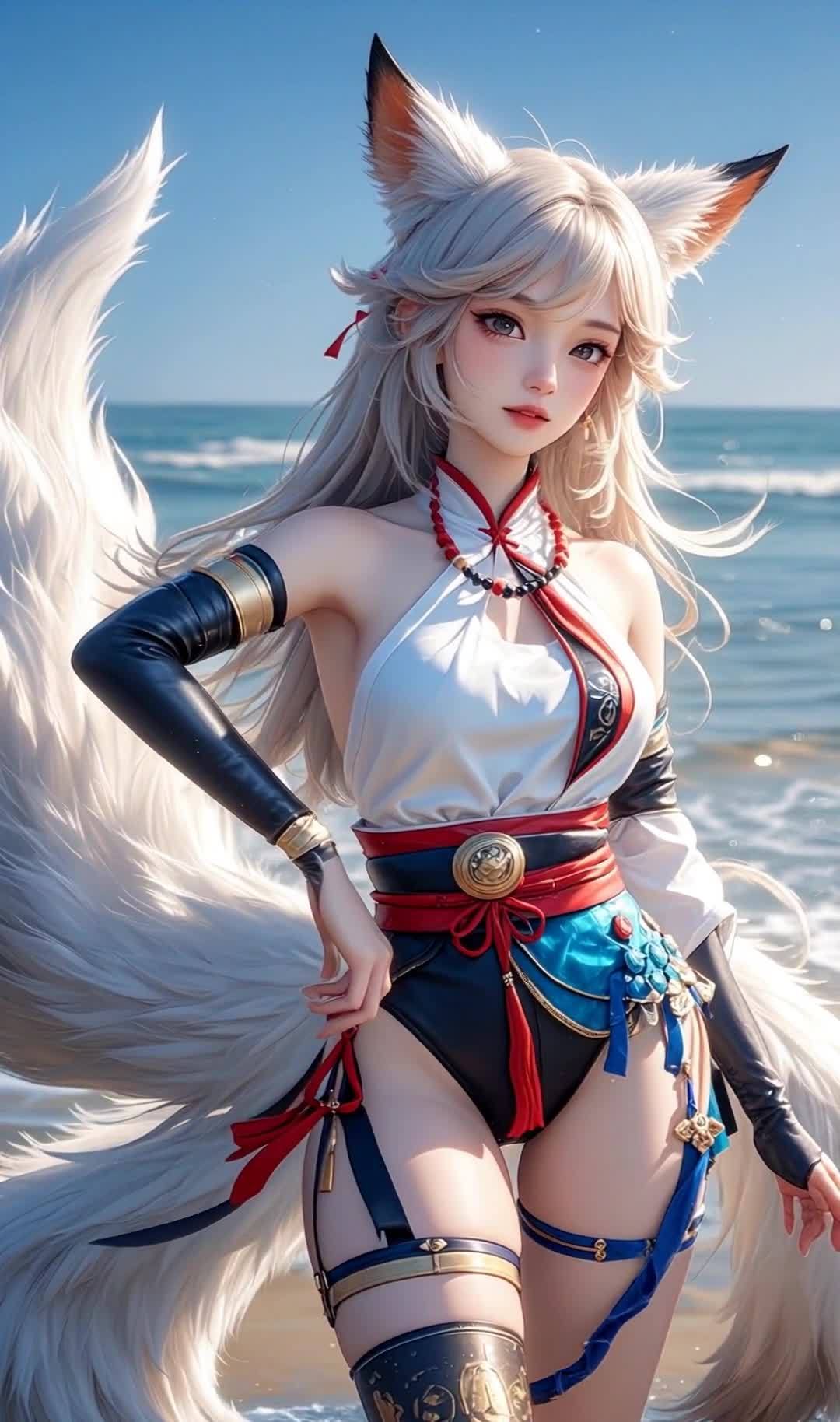 海边白发狐耳娘与时尚装扮