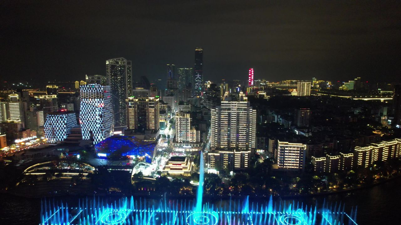  广西柳州音乐喷泉夜景航拍