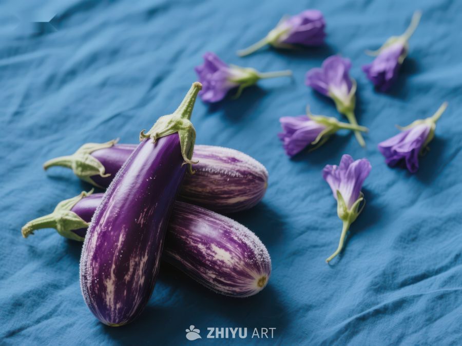 紫色茄子与花朵的静物组合 387
