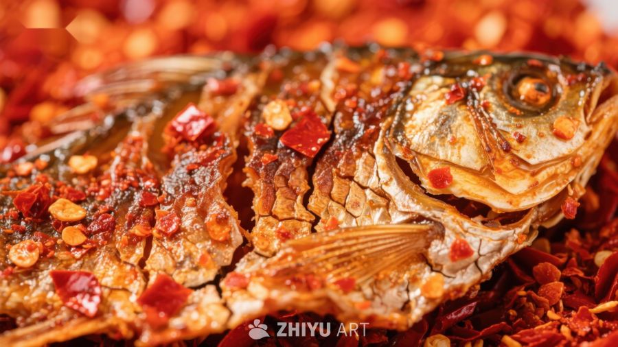 香辣烤鱼，辣椒环绕的美味