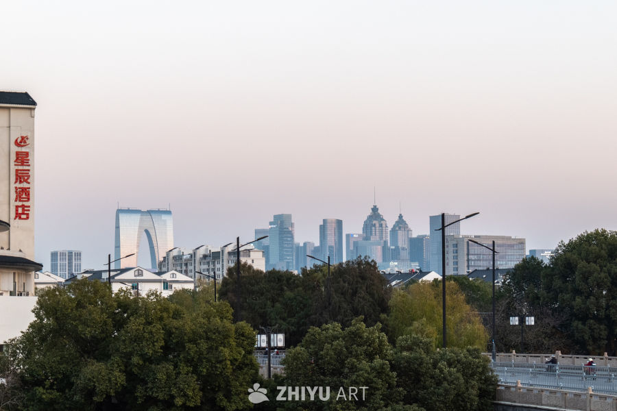 城市晨景：绿意与高楼的对话