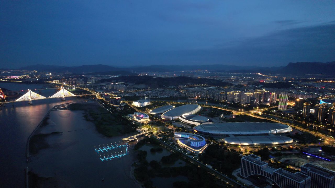 福建福州闽江两岸夜景航拍 