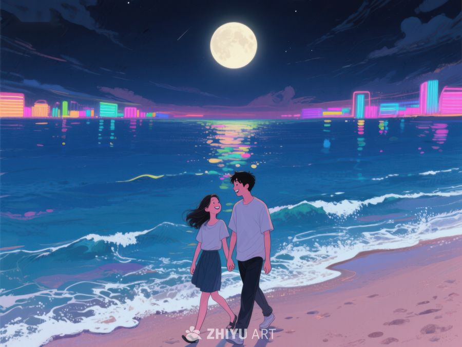 月夜海边漫步的情侣 1153