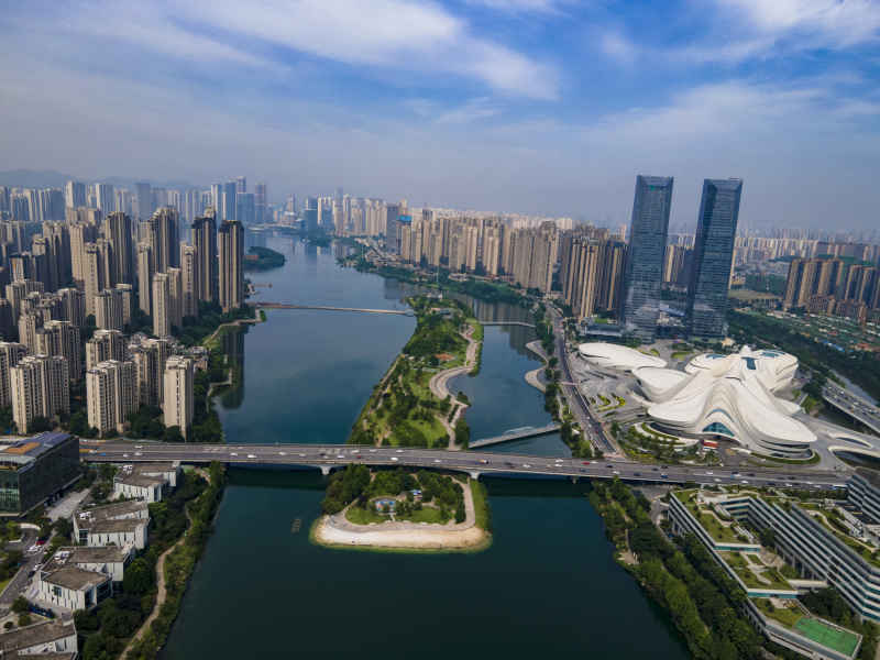 湖南长沙梅溪湖文化艺术中心节庆岛航拍摄影图
