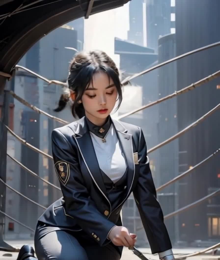 城市背景跪坐制服少女