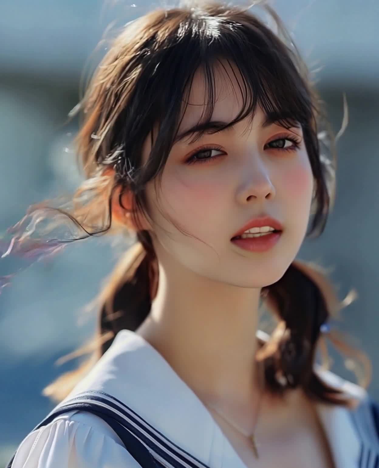 一位年轻女子面向前方，她的头发呈棕色和黑色，部分头