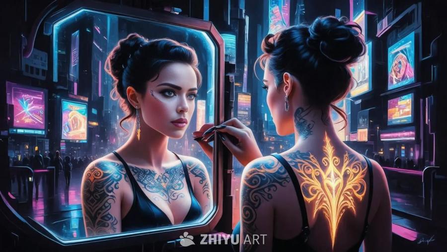 一个女人站在镜子前，她的背部有一个赛博朋克风格的纹