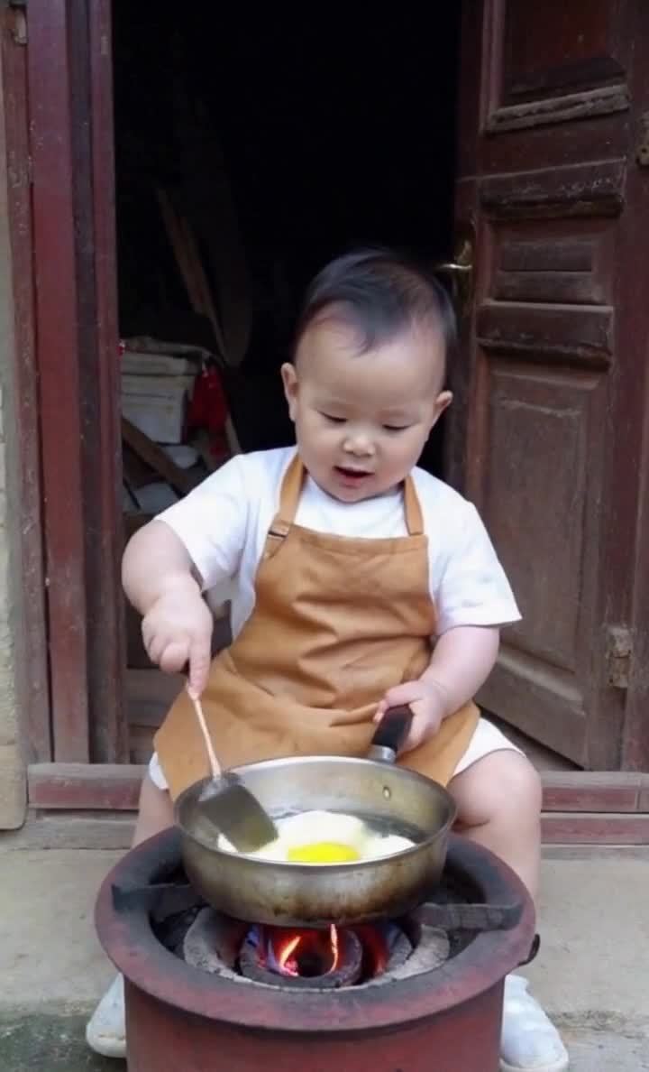 一个婴儿穿着白色上衣和棕色围裙，坐在炉子上。婴儿右