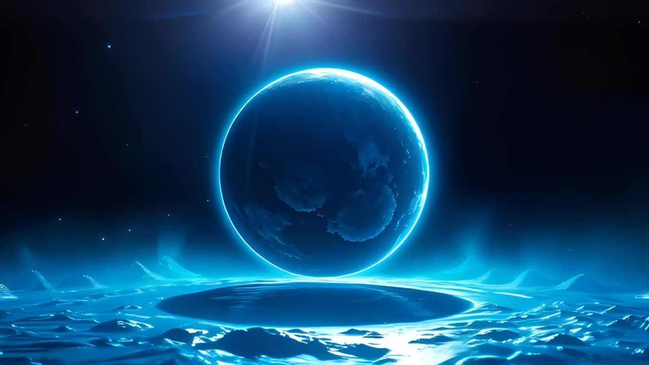 一个蓝色的星球在深蓝色背景下完整地旋转一周。完成旋