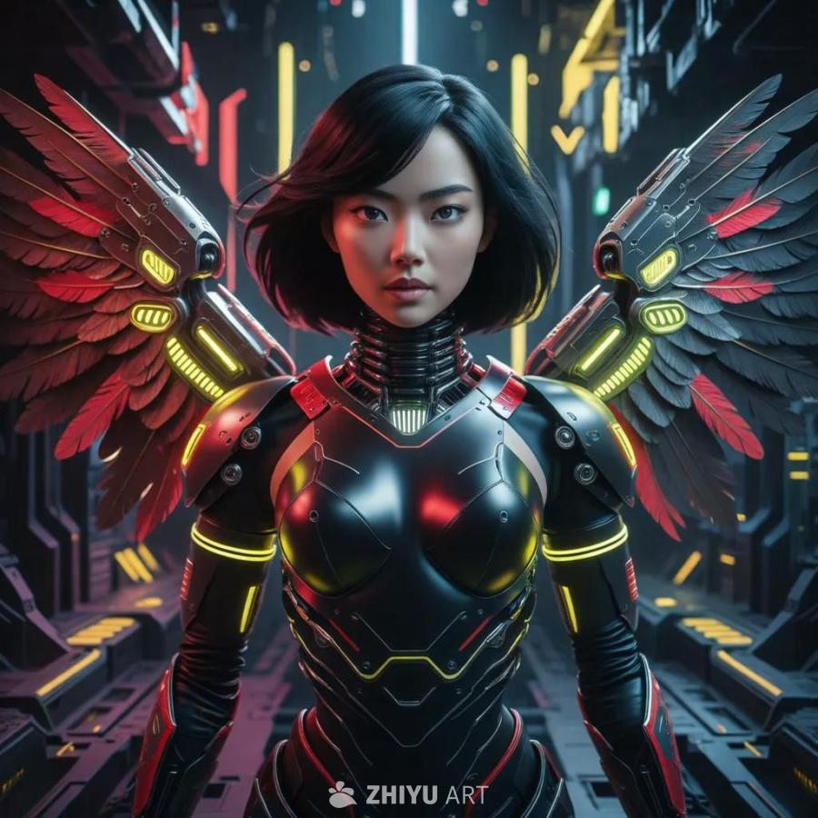 一名女性赛博格站立，她有乌黑亮丽的短发。她的机械翅