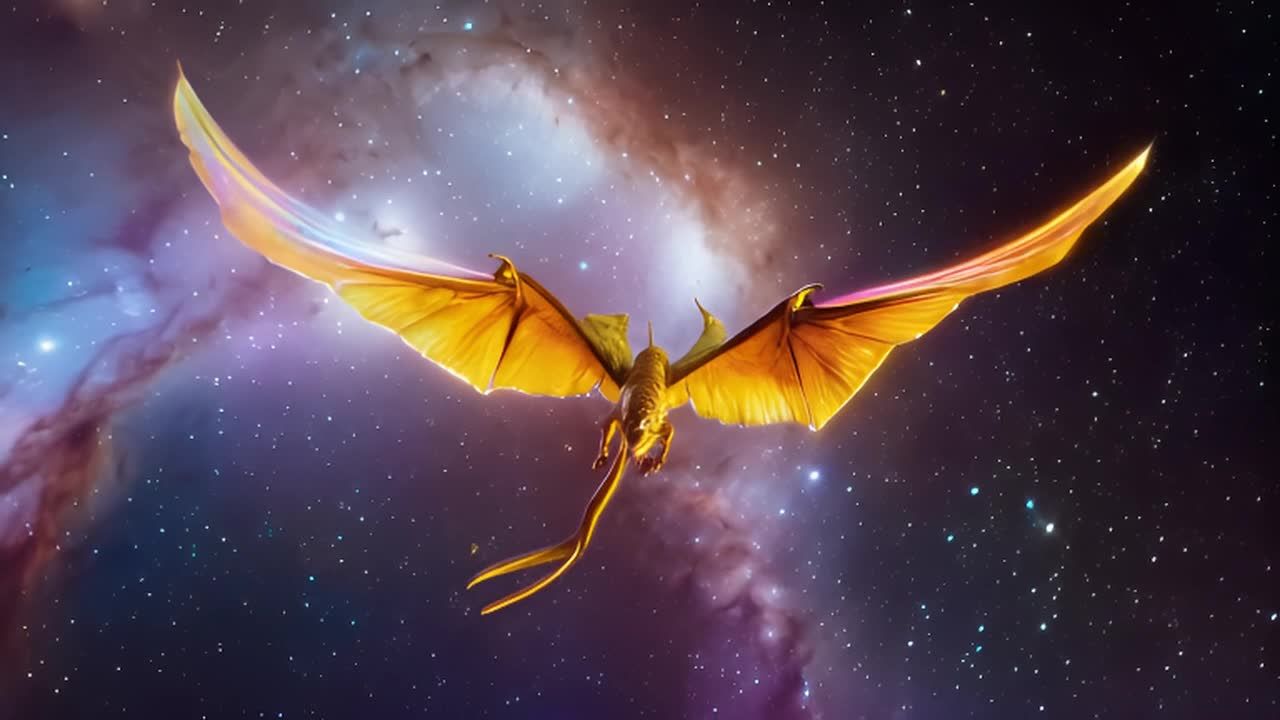 一只金色的太空龙在繁荣的星系中飞行，它的翅膀投射出