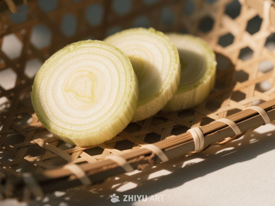 新鲜洋葱切片置于竹篮中 552