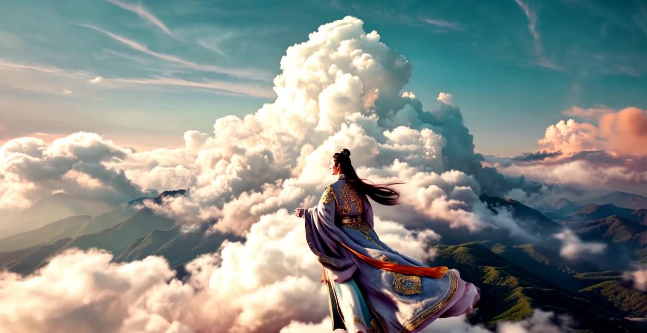 一名穿着中国古代服饰的文雅男子，侧身站立在云层之上