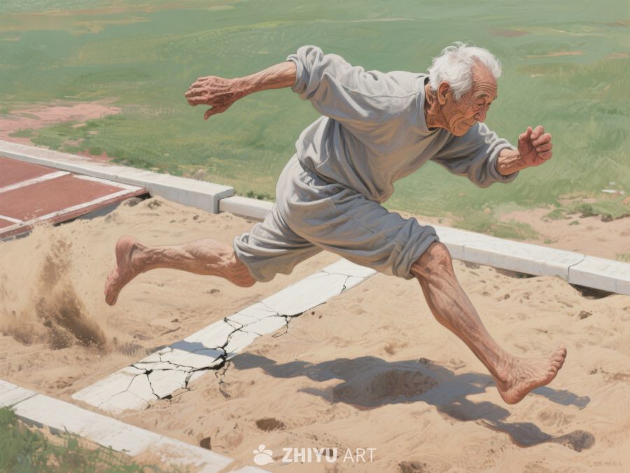 老人在沙坑中进行跳远 528