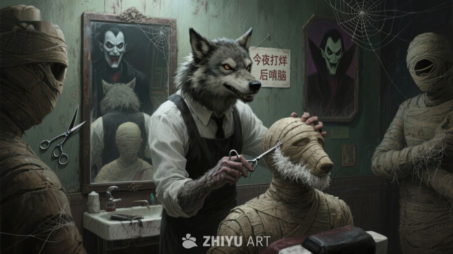 狼人理发师为木乃伊顾客修剪绷带